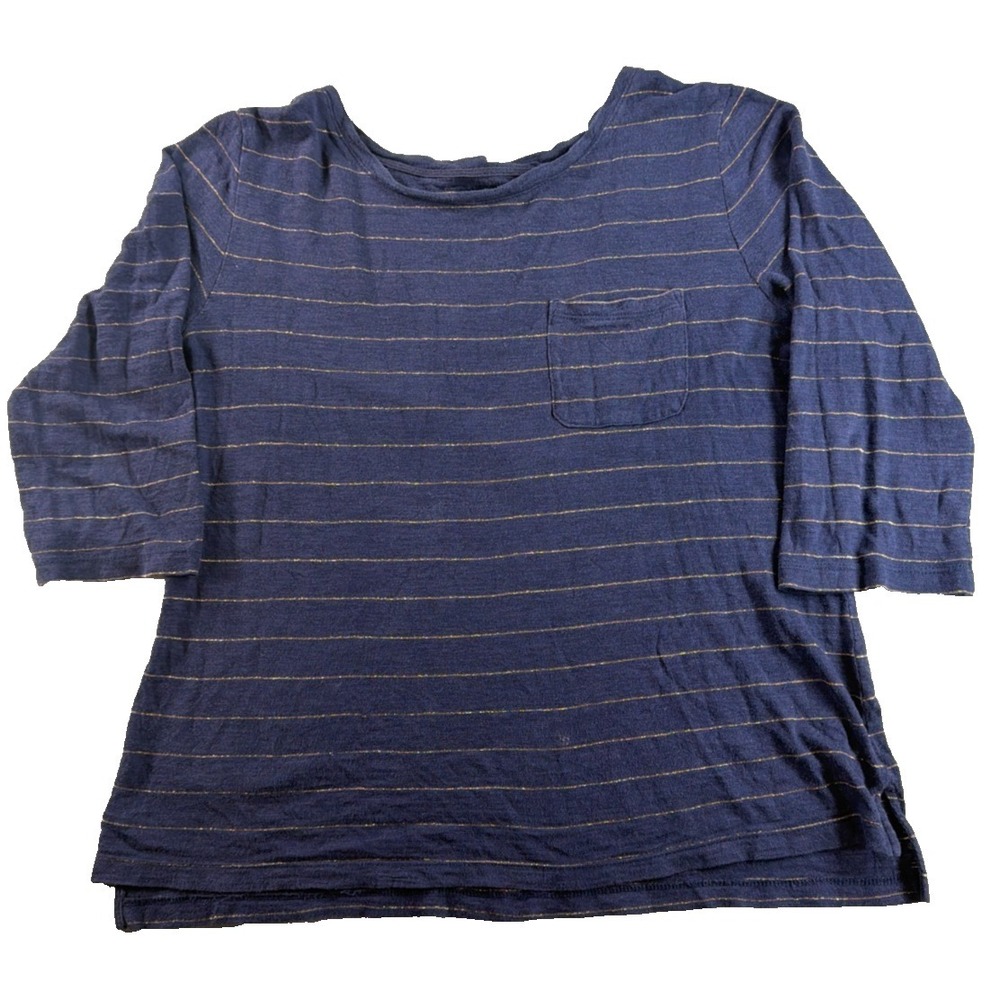 Banana Republic Malibu Tee Navy Gold Metallic Stripe 3/4 Sleeve Pocket Top S